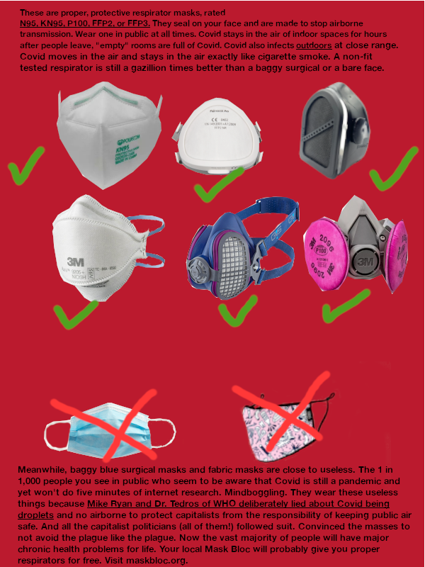 These are proper, protective respirator masks, rated N95, KN95, P100, FFP2, or FFP3. They seal on your face and are made to stop airborne transmission. Wear one in public at all times. Covid stays in the air of indoor spaces for hours after people leave, "empty" rooms are full of Covid. Covid also infects outdoors at close range. Covid moves in the air and stays in the air exactly like cigarette smoke. A non-fit tested respirator is still a gazillion times better than a baggy surgical or a bare face. CC 2 БРОШКОМ KN95 3M A 9006+ NIOSH TEMA 2096 P100 3M Meanwhile, baggy blue surgical masks and fabric masks are close to useless. The 1 in 1,000 people you see in public who seem to be aware that Covid is still a pandemic and yet won't do five minutes of internet research. Mindboggling. They wear these useless things because Mike Ryan and Dr. Tedros of WHO deliberately lied about Covid being droplets and no airborne to protect capitalists from the responsibility of keeping public air safe. And all the capitalist politicians (all of them!) followed suit. Convinced the masses to not avoid the plague like the plague. Now the vast majority of people will have major chronic health problems for life. Your local Mask Bloc will probably give you proper respirators for free. Visit maskbloc.org.